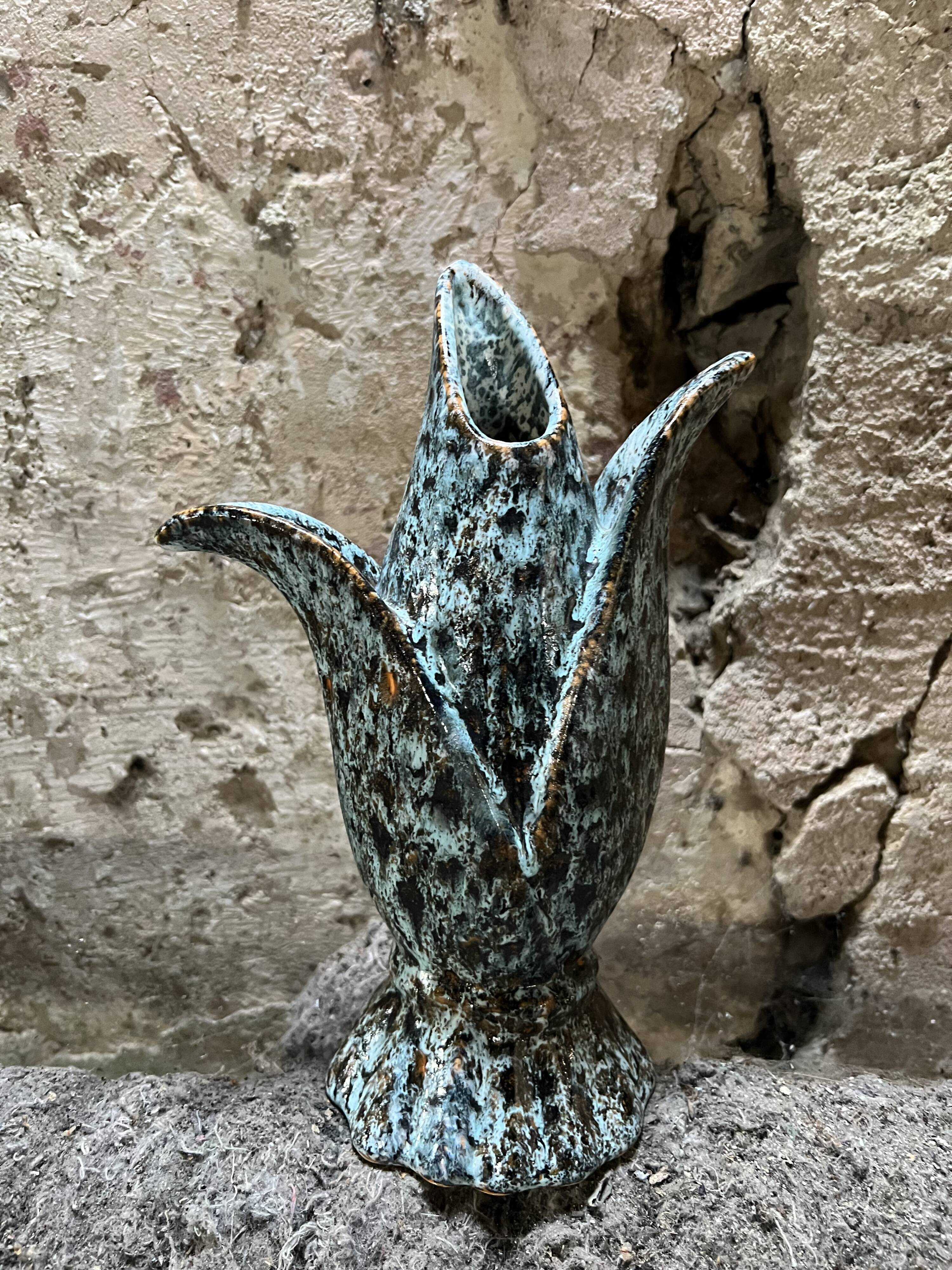 Vintage blue-green glazed ceramic tulip vase, stylized floral shape