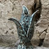 Vintage blue-green glazed ceramic tulip vase, stylized floral shape