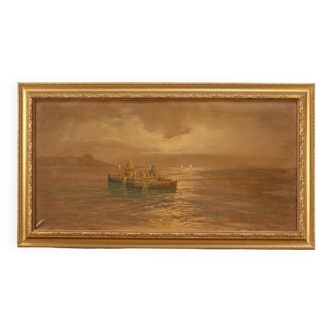 Tableau signé Paysage marin avec bateaux du 20ème siècle