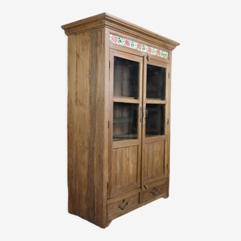 Teak cabinet, consisting of 2 glass doors and 2 drawers