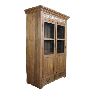 Teak cabinet, consisting of 2 glass doors and 2 drawers