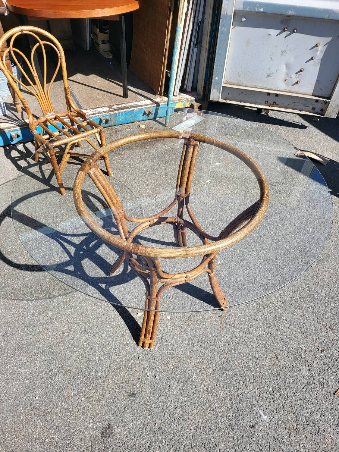 Vintage rattan and glass set - round table + 4 chairs