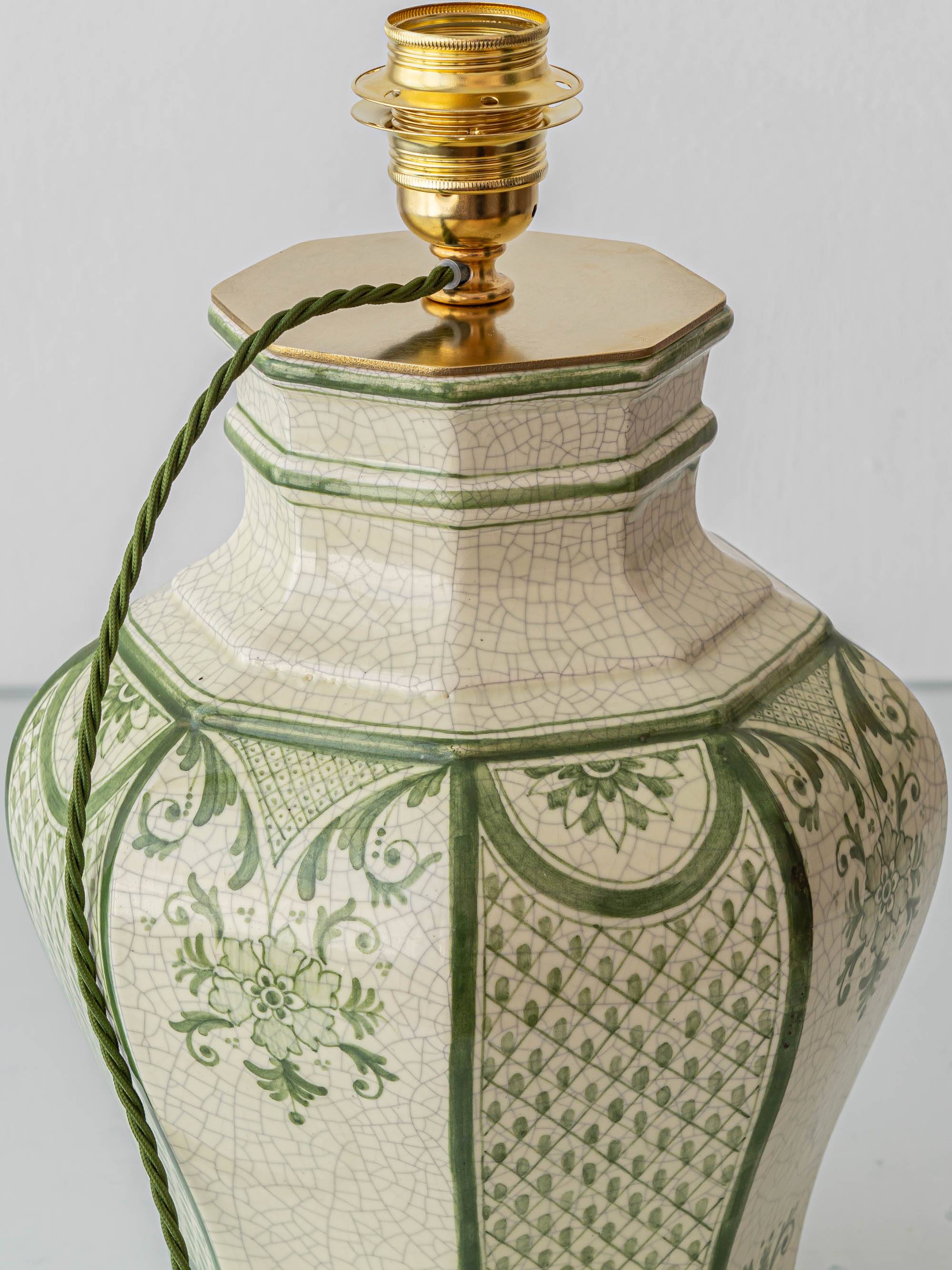 Spanish Revival Table Lamp in Green Ivory Crackle Ceramic, New Linen Shade