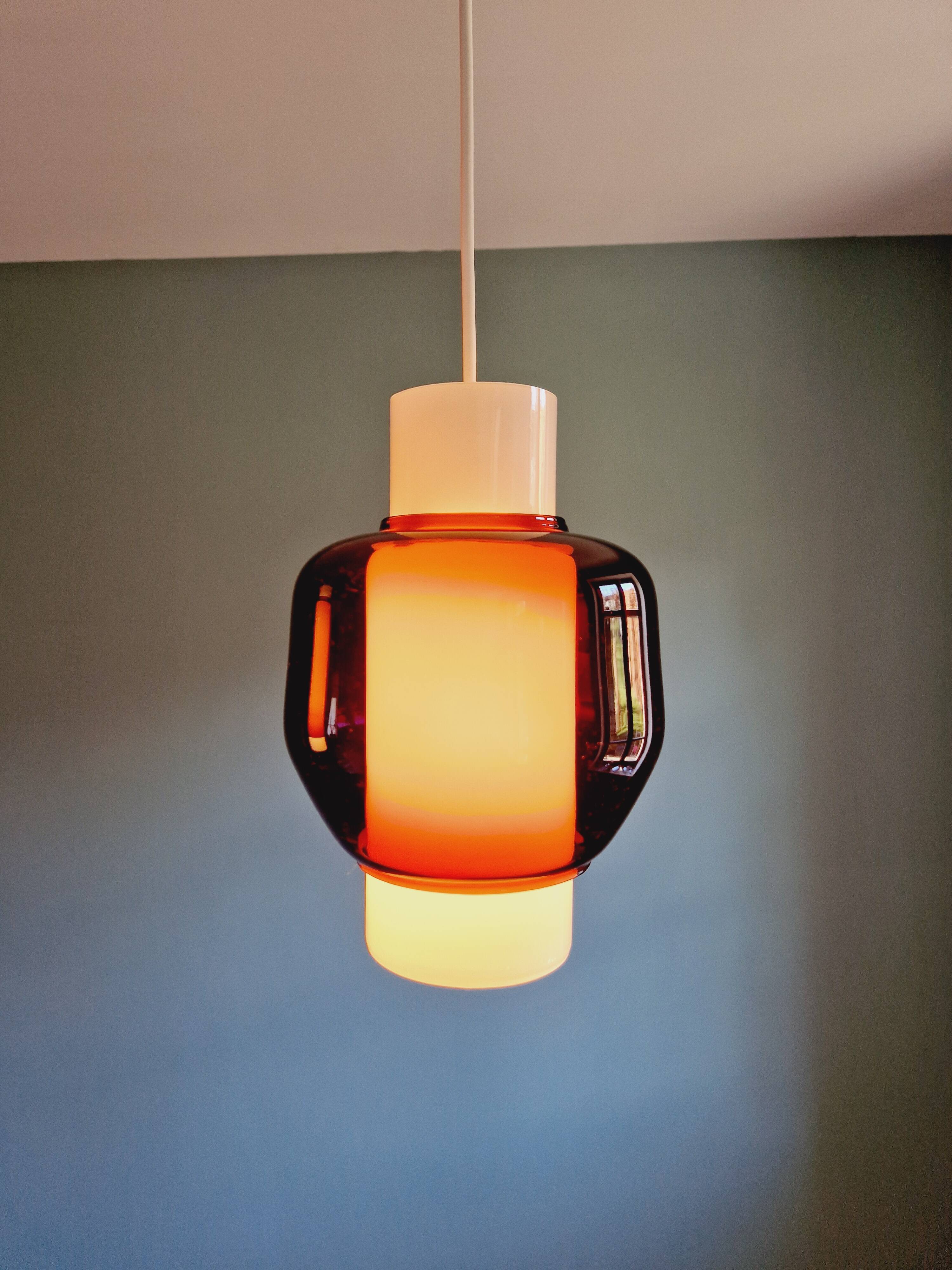 Scandinavian double pendant light in white opaline and amethyst glass, 1960s