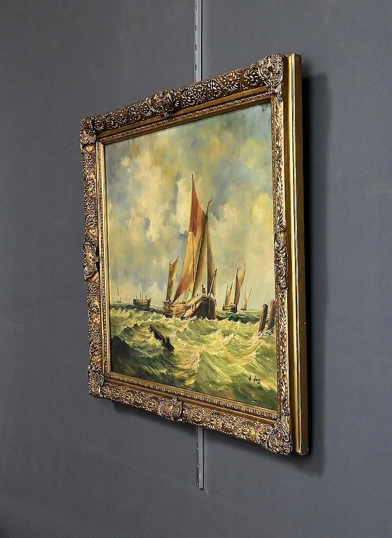 Tableau "Sailboats in Rough Seas" signed Albert Hess – Mid 20th century