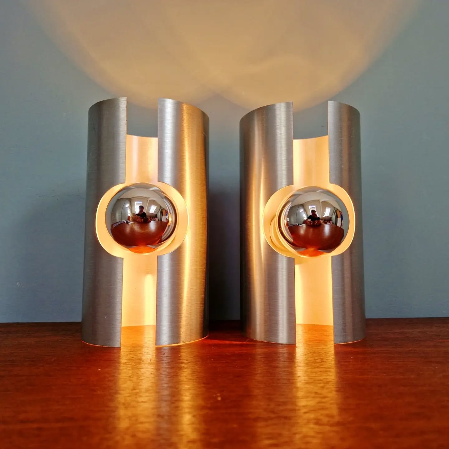 Pair of Space Age wall sconces in brushed aluminium, 1970.