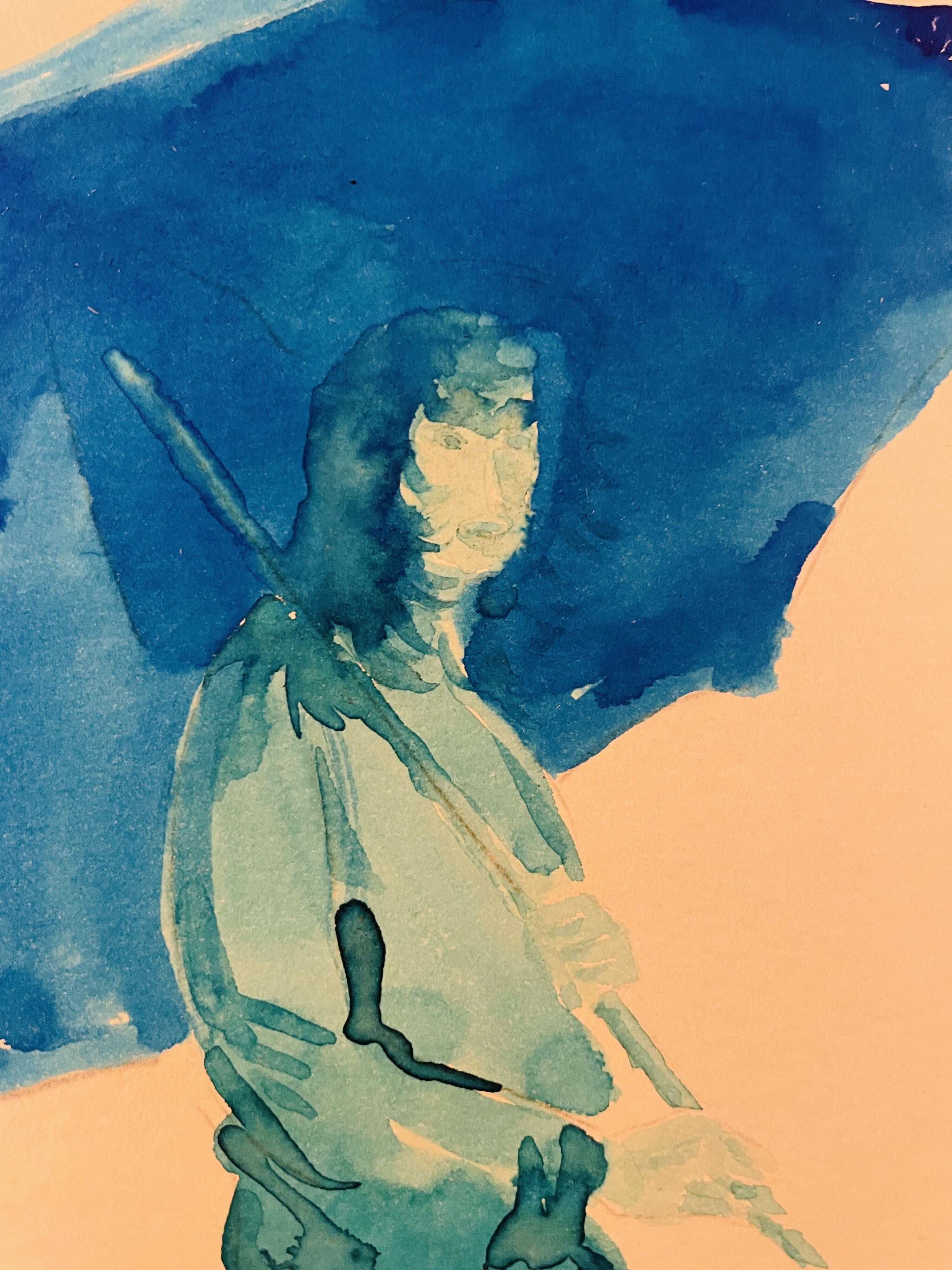 Monochrome blue painting signed female portrait "weekend in Deauville"