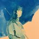 Monochrome blue painting signed female portrait "weekend in Deauville"