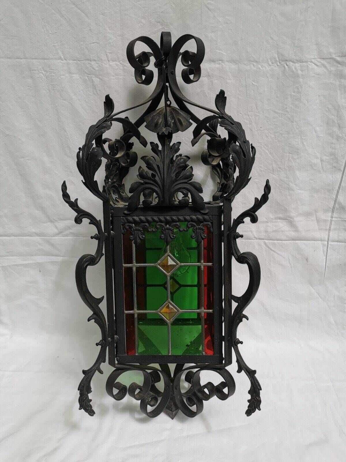 Large old lantern, wrought iron and stained glass. Lamp Chandelier stained glass Entrance