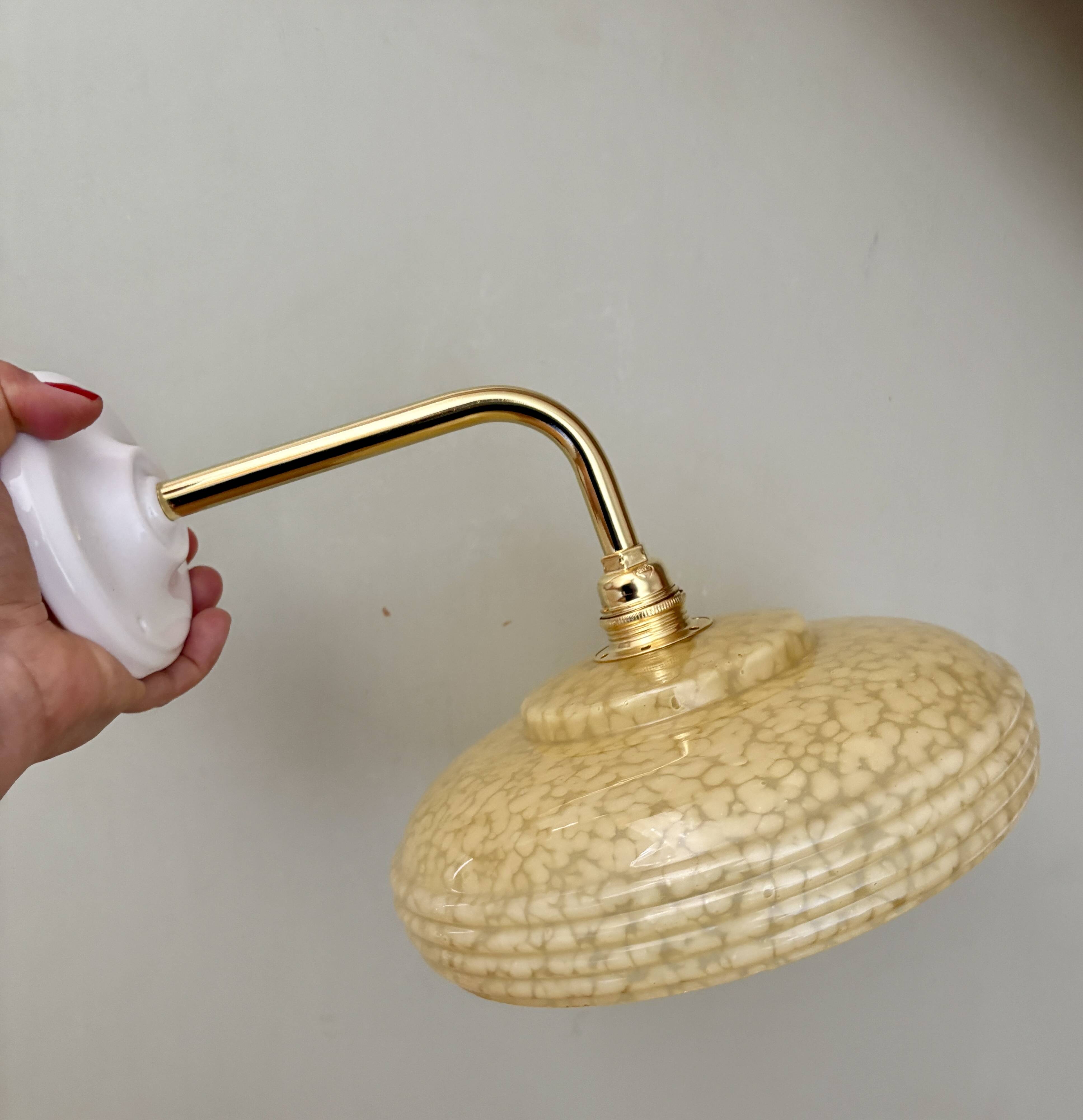 Angled wall lamp with vintage shade in yellow Clichy glass