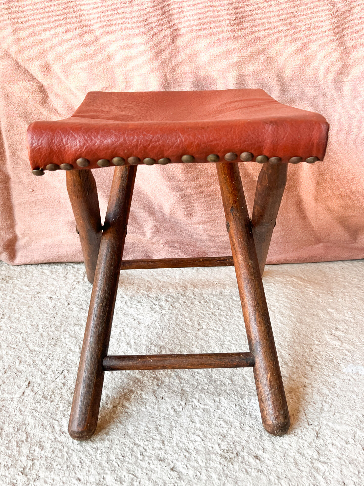 Vintage folding stool Leather & Wood Curule style