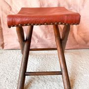 Vintage folding stool Leather & Wood Curule style