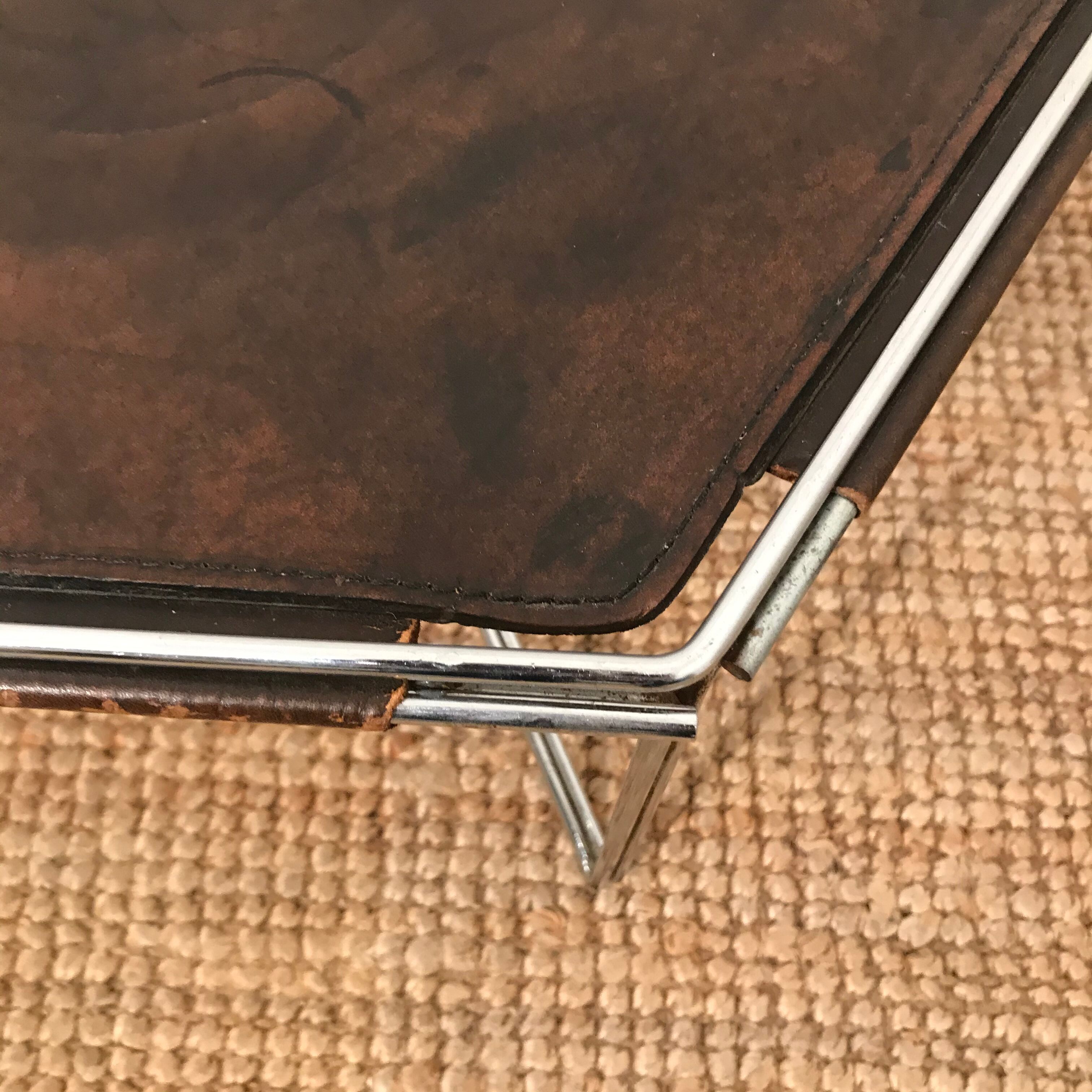 Leather and metal side table, René Bertoux by Group. SA. 1970
