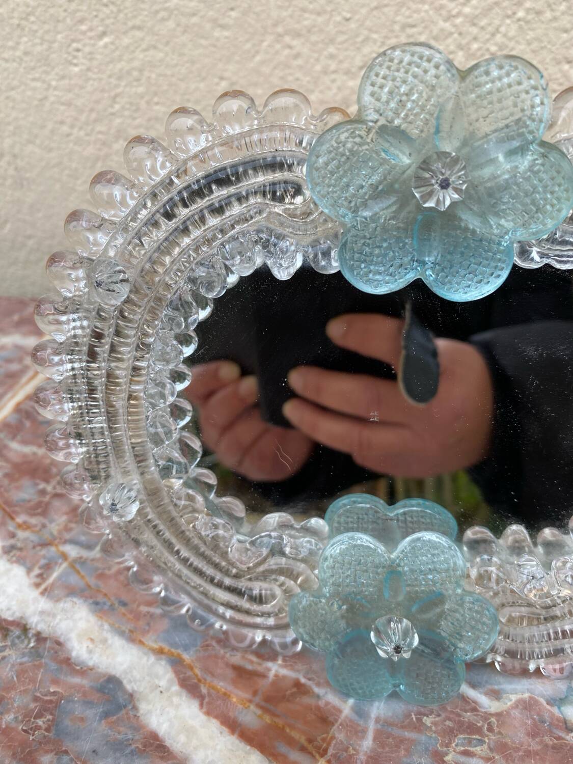 Venetian Murano mirror to stand or hang with blown flower decoration and friezes