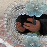 Venetian Murano mirror to stand or hang with blown flower decoration and friezes