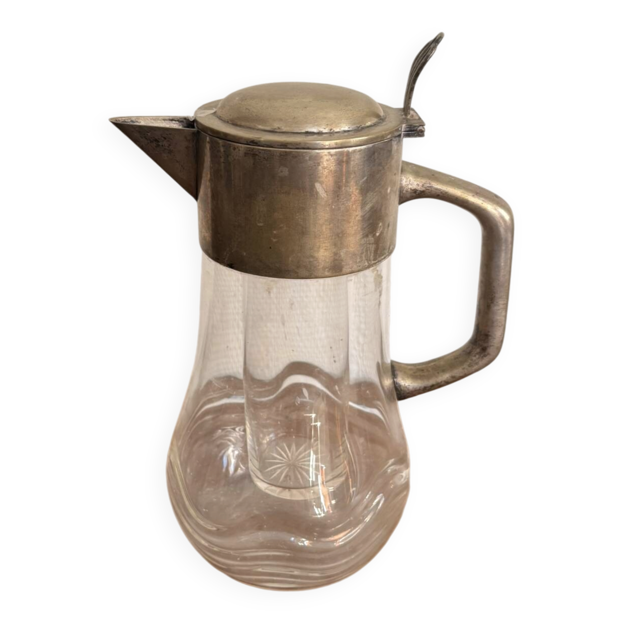 Chiller pitcher, lemonade jug, silver metal glass, Art Nouveau wine carafe.