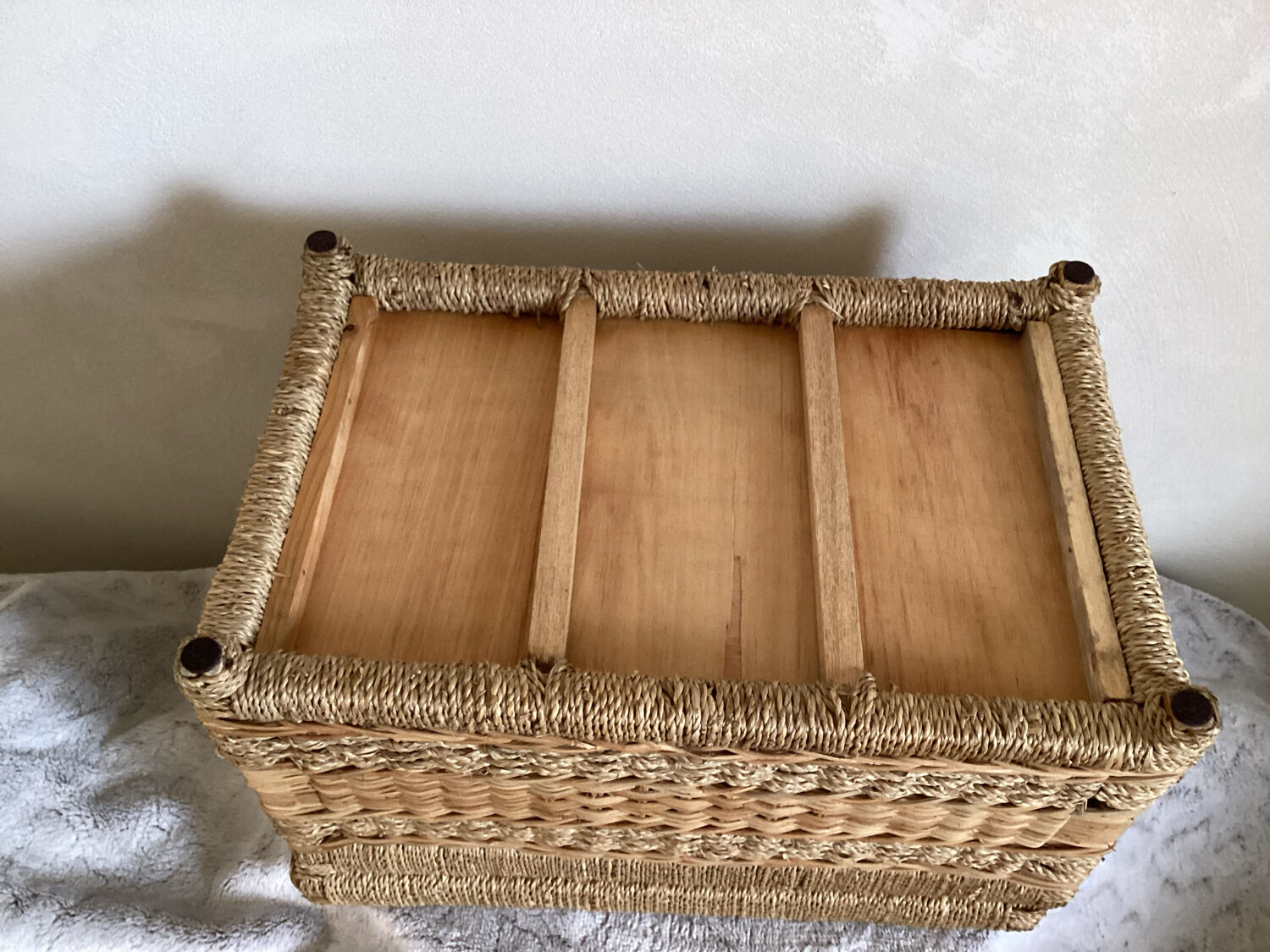 Coffre rotin et corde rafia structure bois - vintage