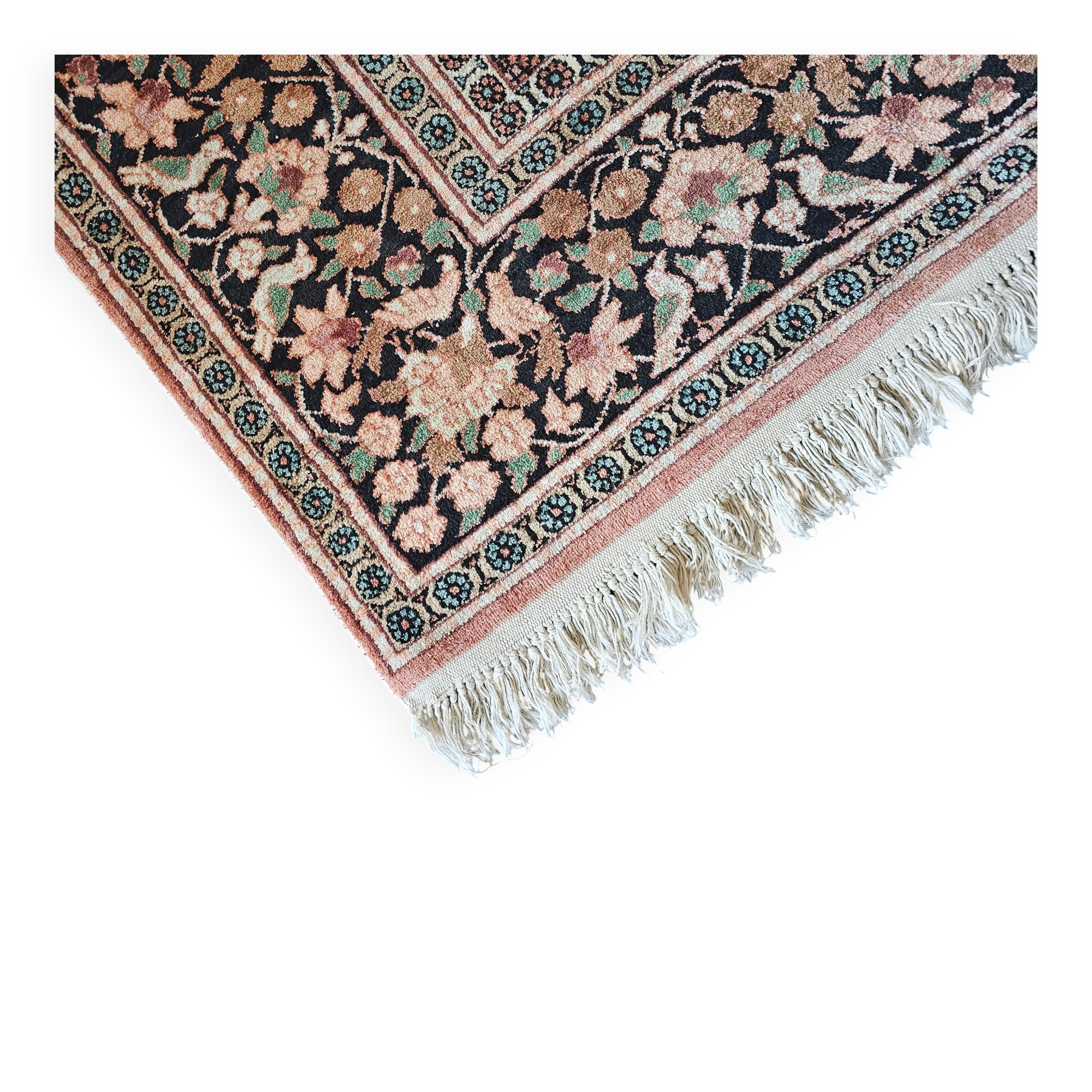 Vintage Kasmir Silk Hand-Knotted Rug with Floral Pattern, Pakistan 1950s