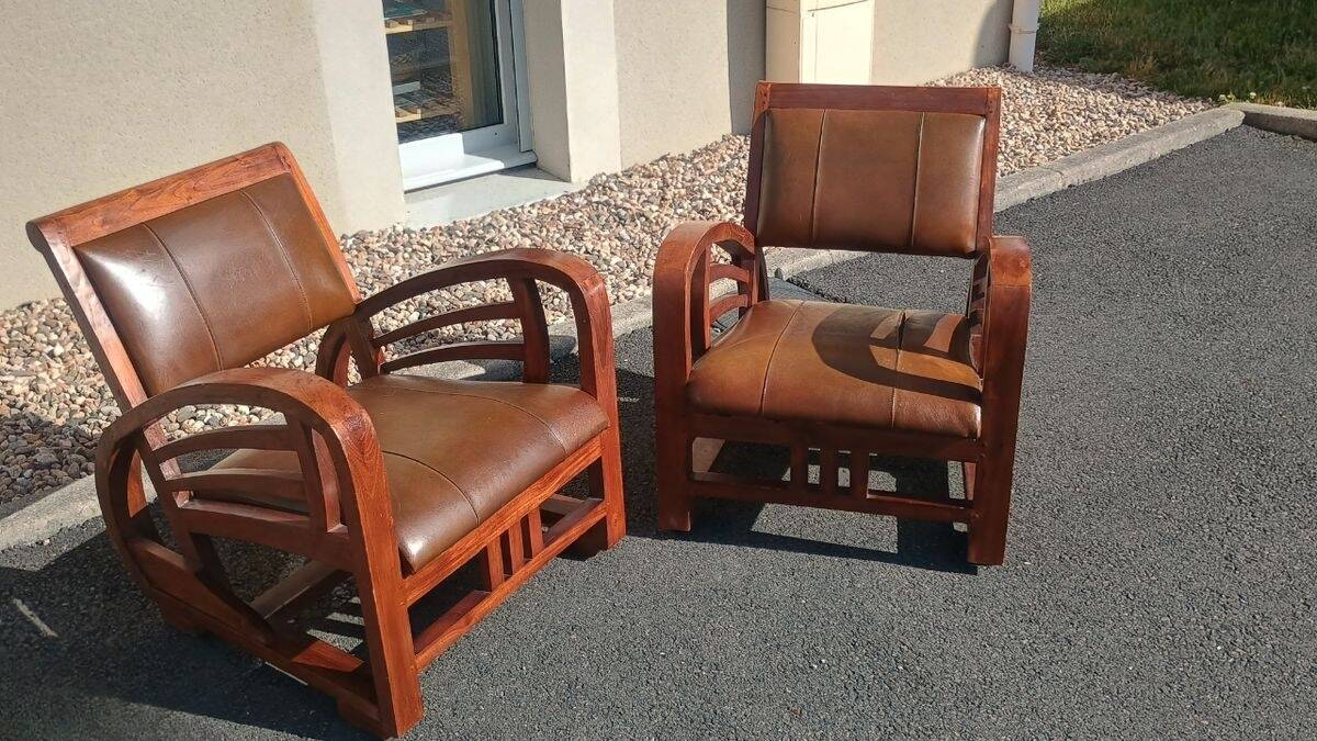 Pair of Club Ship Chairs Art Deco – Solid Wood & Brown Leather/Leatherette