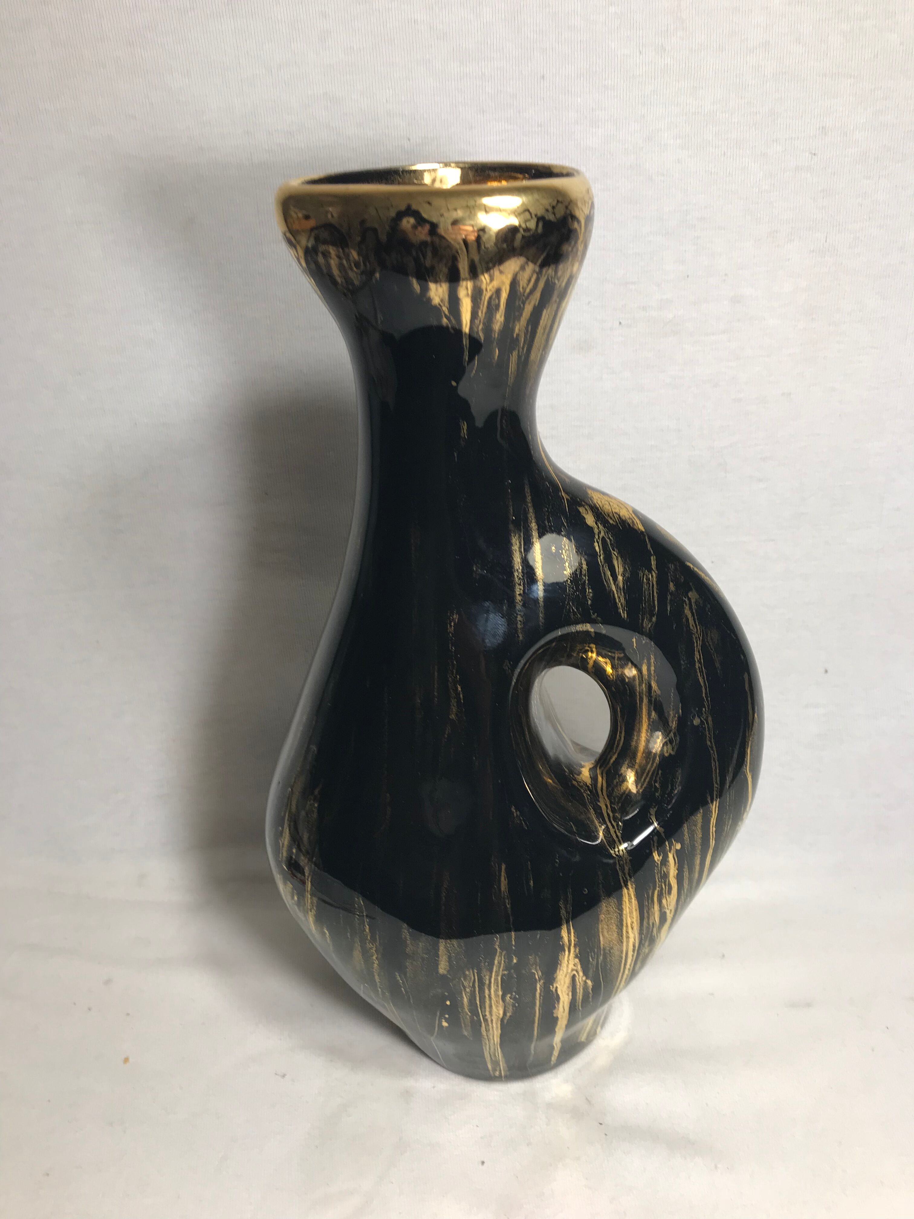 Old glazed ceramic, cove black & gold signed pitcher tess vintage