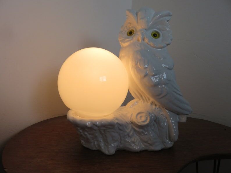 Owl lamp, ceramic owl and opaline ball 70s