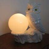 Owl lamp, ceramic owl and opaline ball 70s