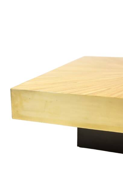 Coffee table in straw marquetry and brass. Contemporary.