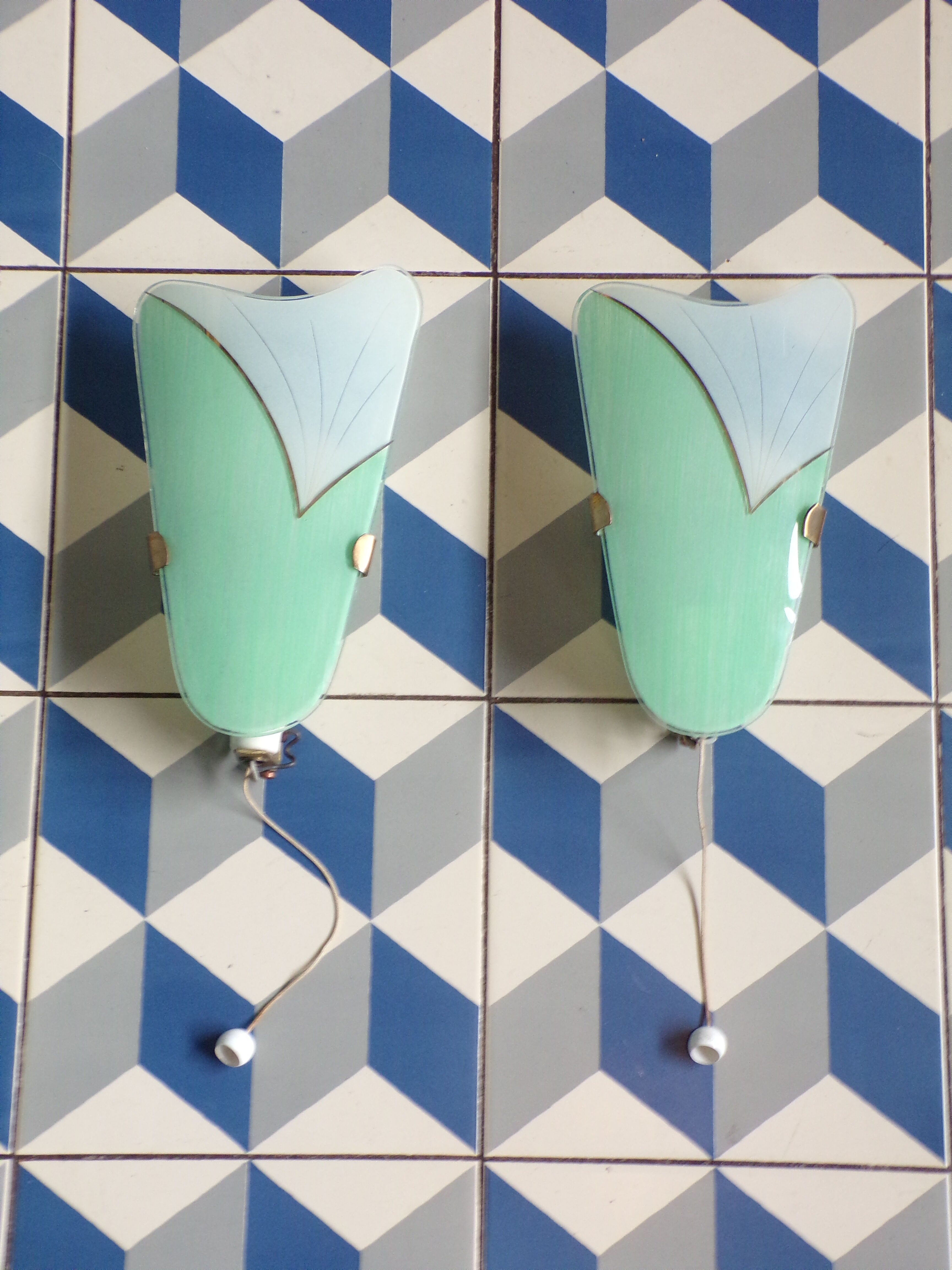 Pair of modernist sconces in screen-printed glass