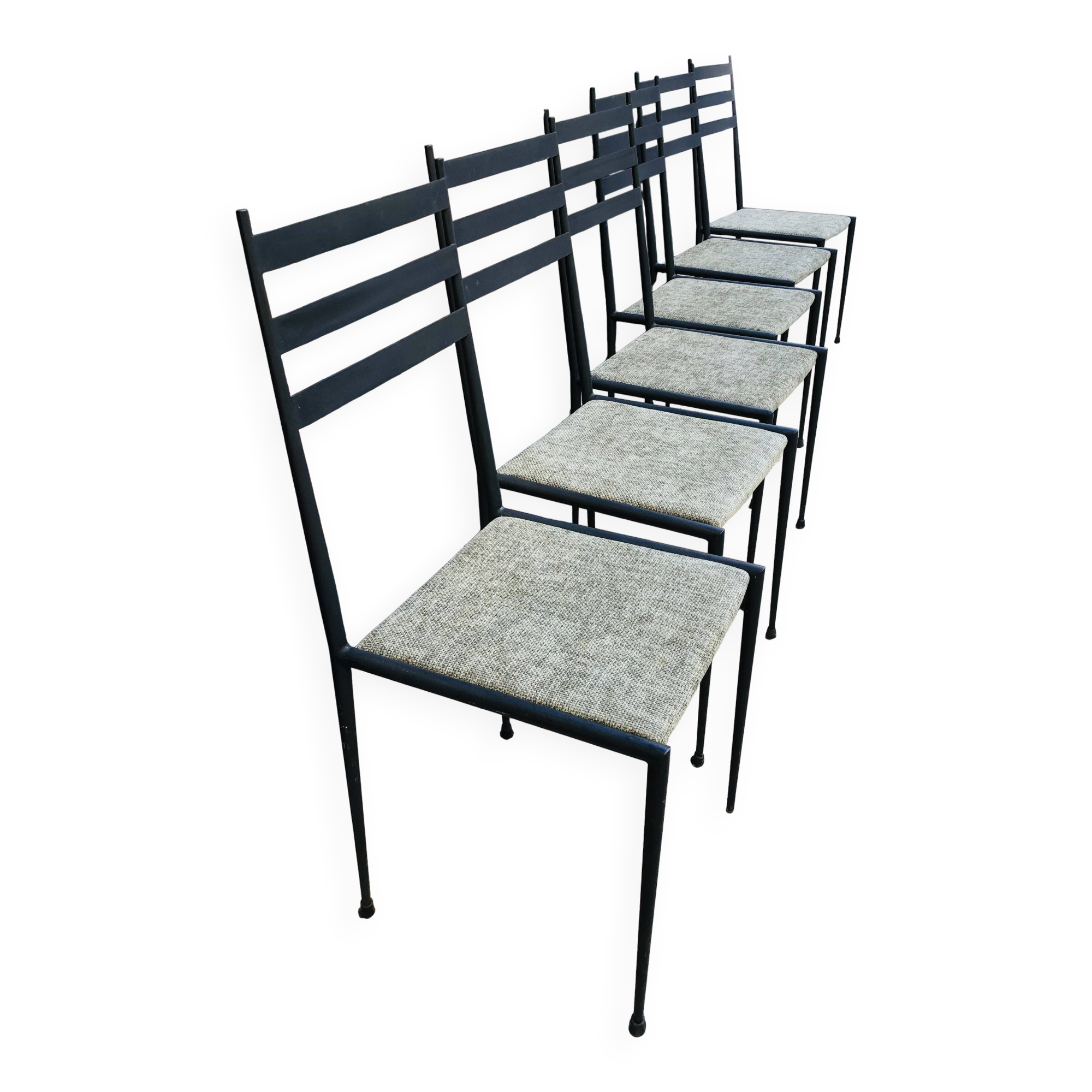6 black metal chairs with green fabric, Italian design.