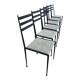 6 black metal chairs with green fabric, Italian design.