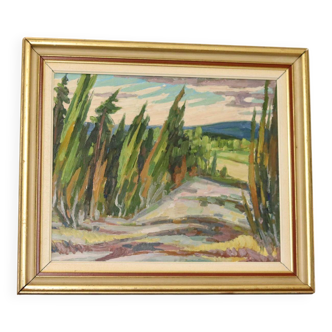 Peinture à l'huile sur panneau suédoise du milieu du siècle « Paysage forestier » - Vintage et encadrée