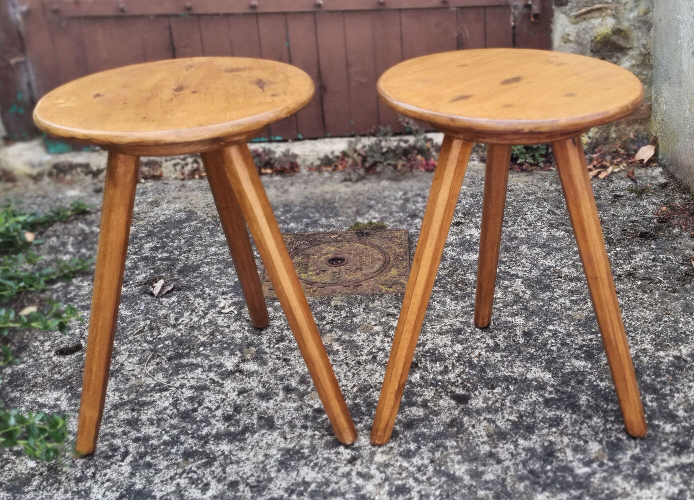 Pair of wooden tripod stools, tapered feet, vintage, 60s