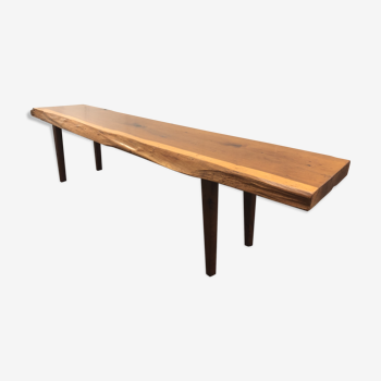 Wooden yew timbered bench stamped Reynolds of Ludlow, circa 1960
