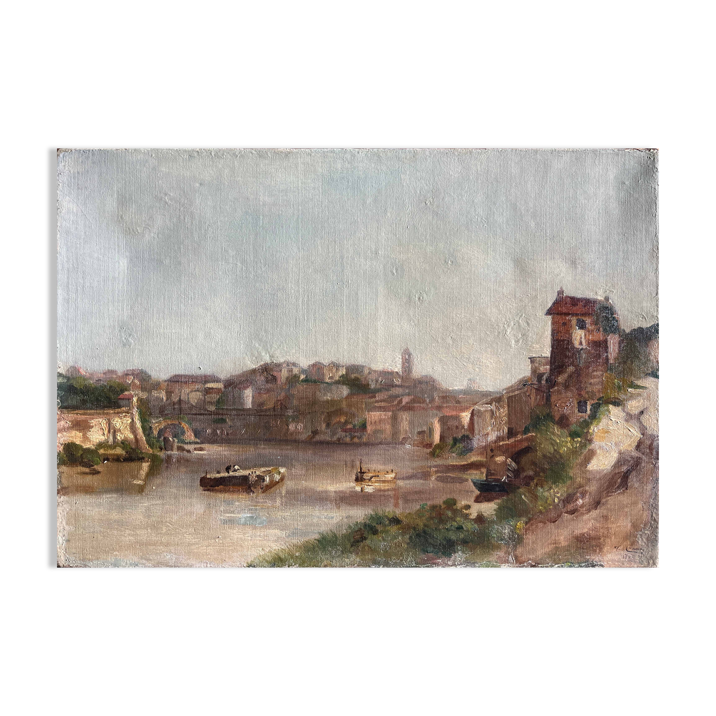 Tableau HST fin XIX° Italie ? Paysage à la rivière signé pour restauration