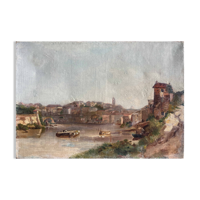 Tableau HST fin XIX° Italie ? Paysage à la rivière signé pour restauration