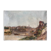 Tableau HST fin XIX° Italie ? Paysage à la rivière signé pour restauration