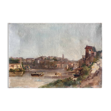Tableau HST late 19th century Italy? Landscape by the river signed for restoration.