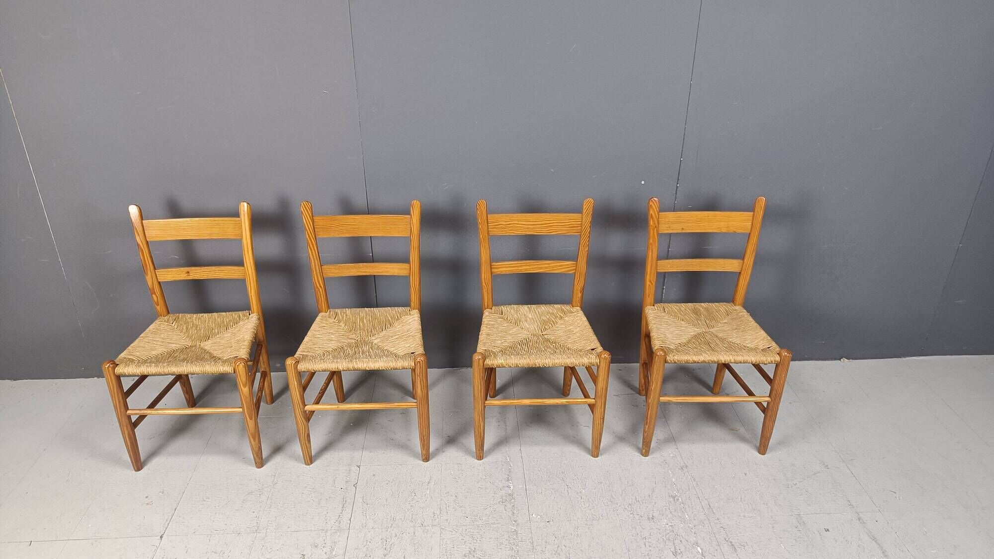 Mid-century oak and wicker dining chairs, set of 4 - 1970s