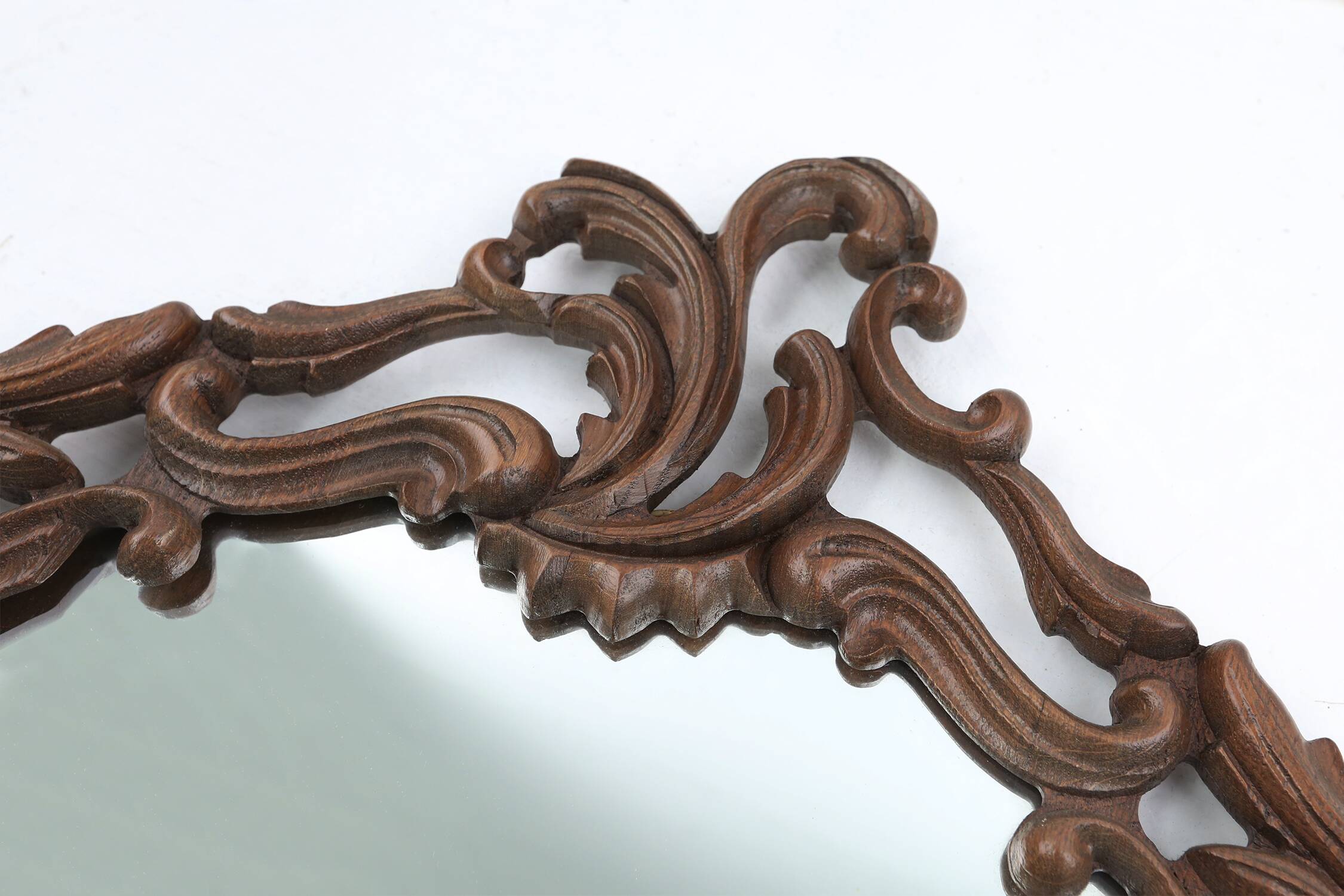 Baroque mirror with hand carved oak ornated frame, France 1950s