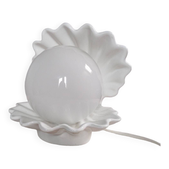 Lampe coquillage blanche vintage et globe opalin, 1970