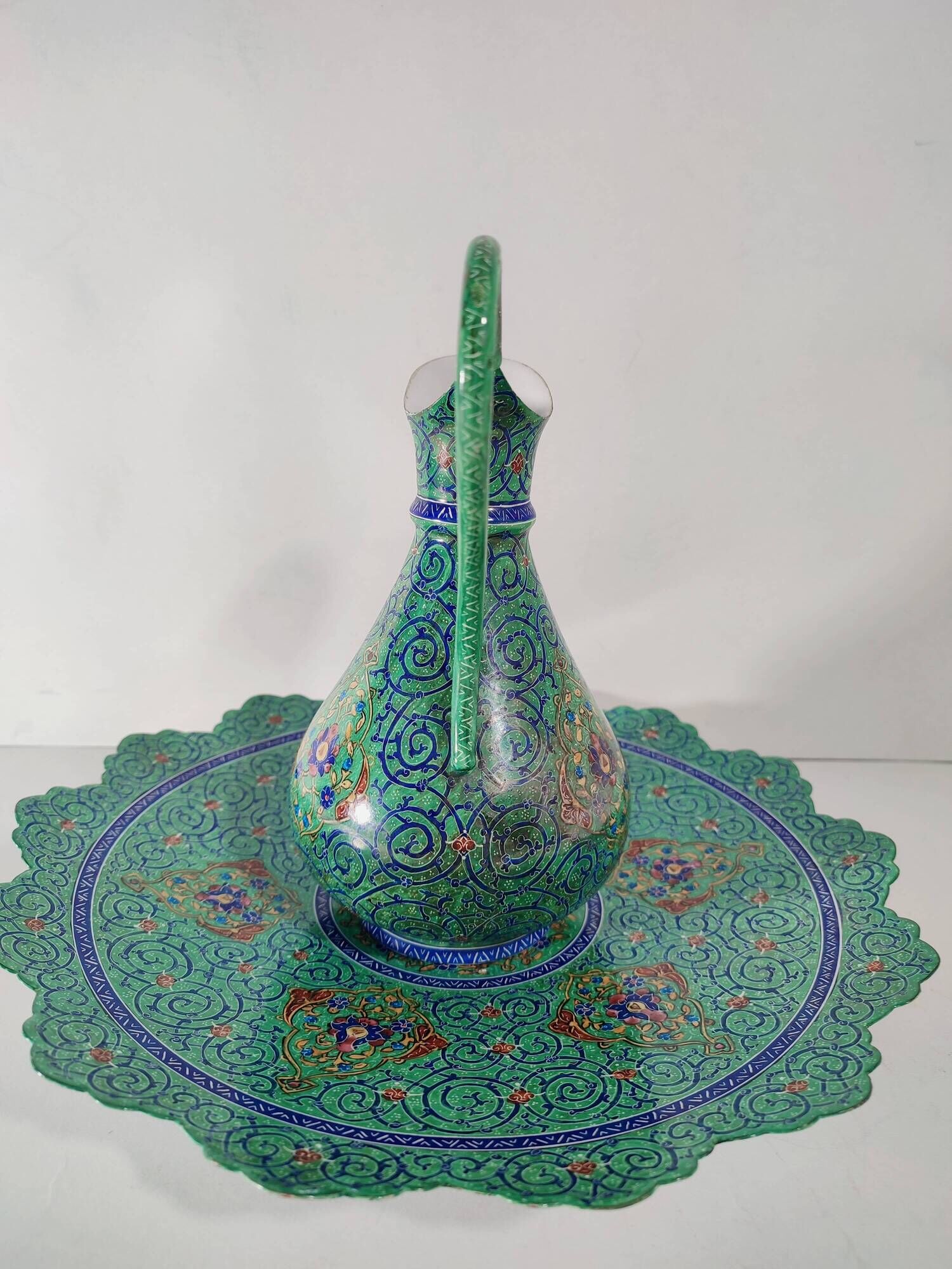 Minakari Signed Enameled Sheet Metal Ewer and Dish / 20th Century Middle East / Jug