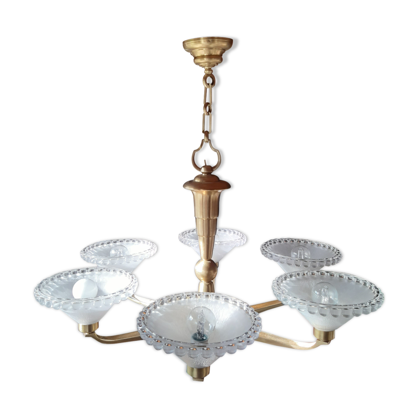 Old art deco bronze chandelier 6 branches frosted molded glass.