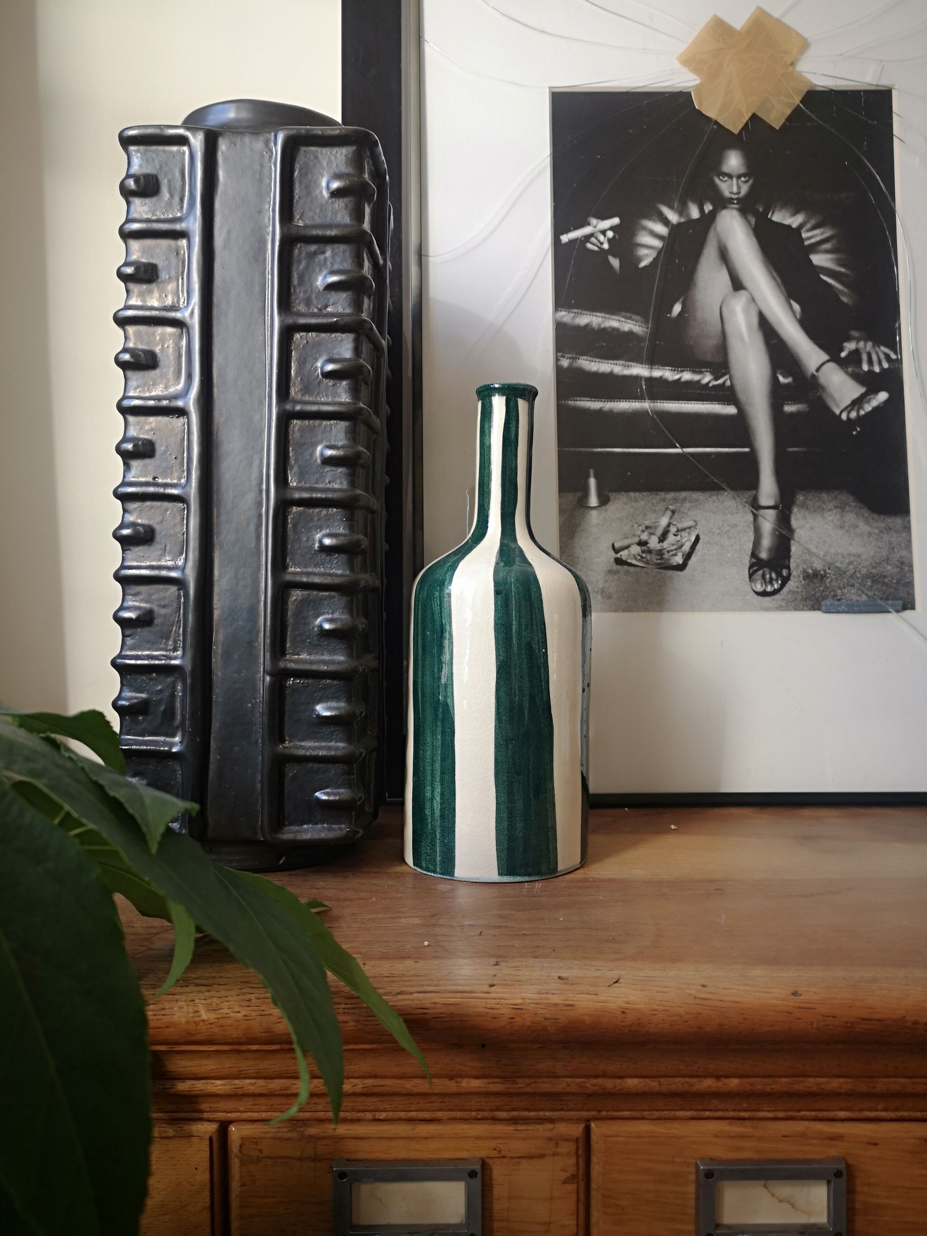 Enamelled ceramic vase, striped graphic design