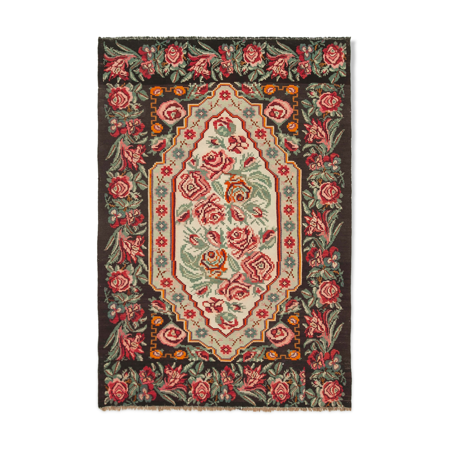 Hand-Knotted Vintage Bessarabian Black Kilim 183 cm x 274 cm - 22170