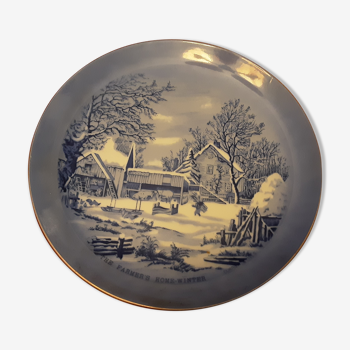 Assiette porcelaine bleue currier et ives scenes d’hiver  warning japon