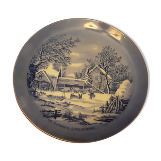 Assiette porcelaine bleue currier et ives scenes d’hiver  warning japon