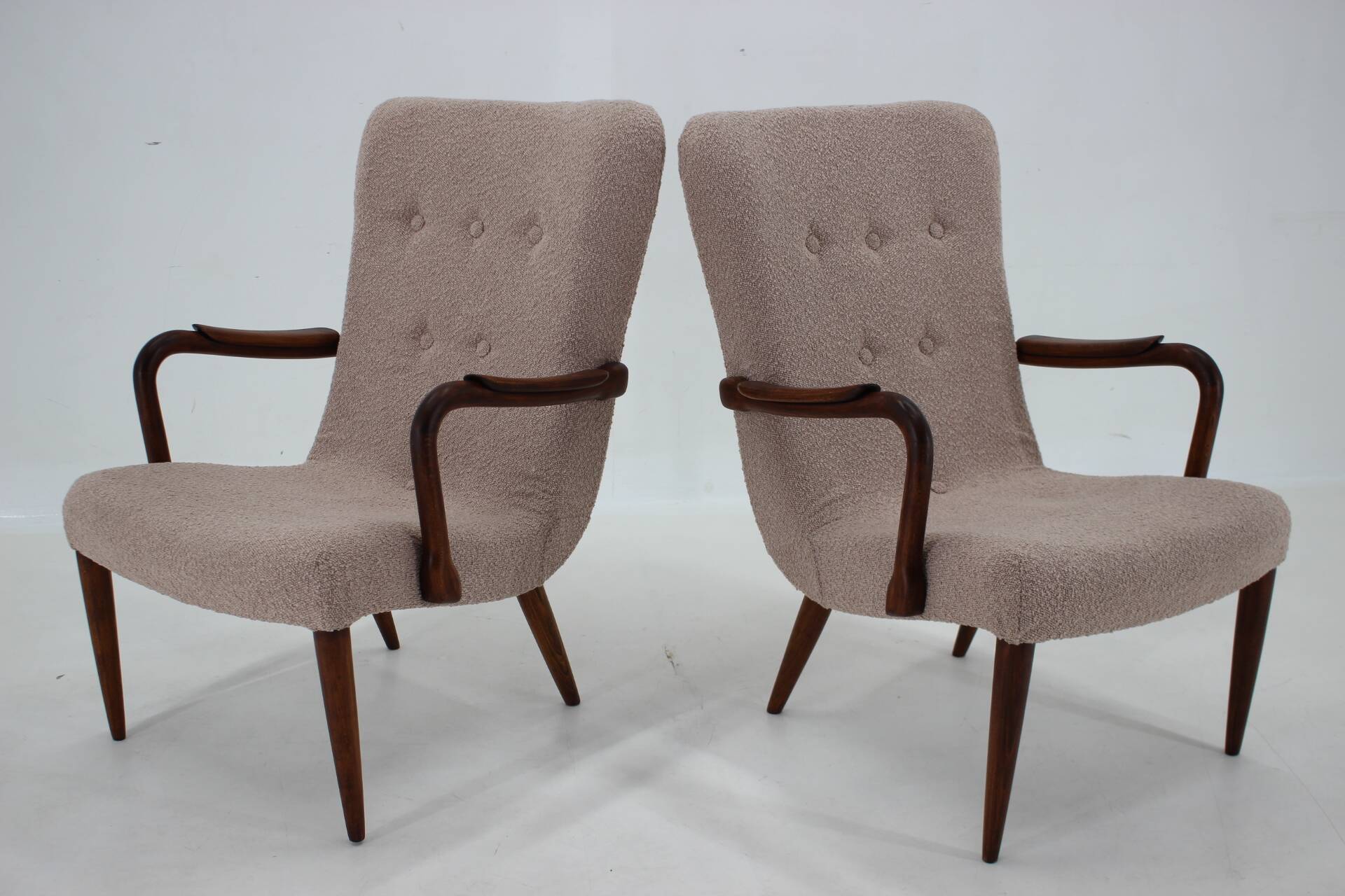 1960s pair of restored danish armchairs in boucle