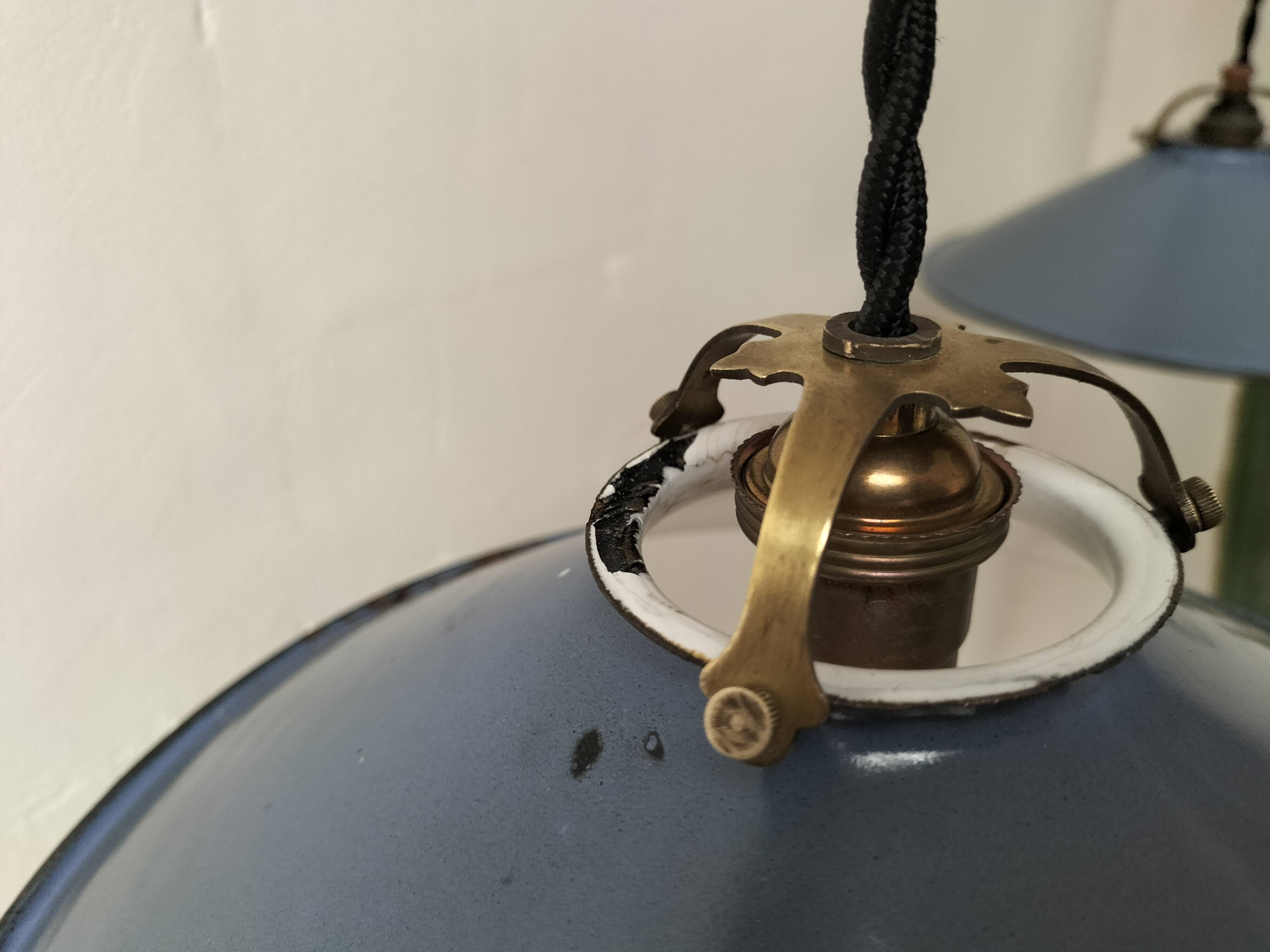 Pair of blue enameled sheet metal pendant lights