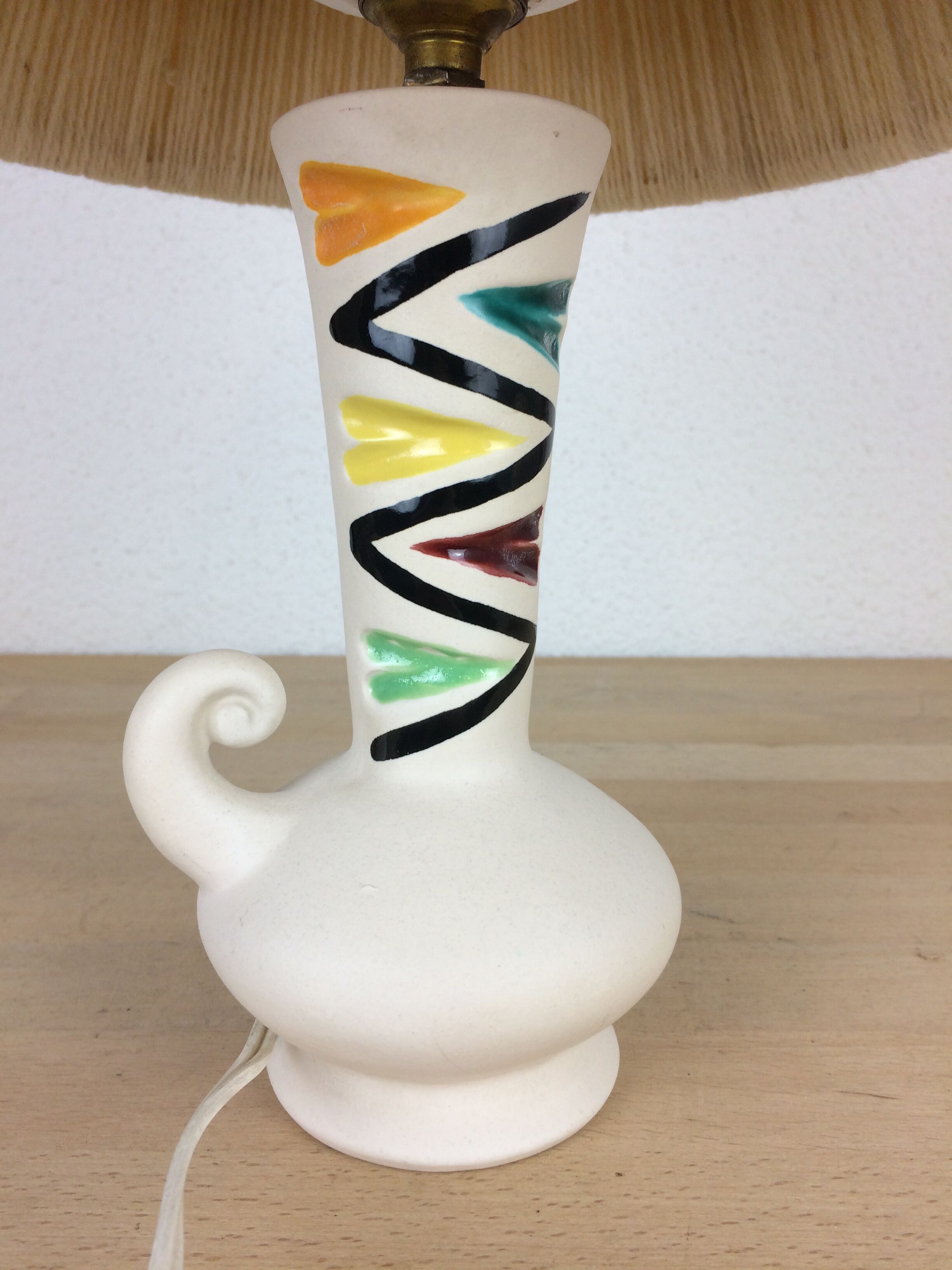 Ceramic lamp 60s and lampshade white wool