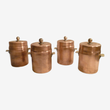 Set of 4 round tinned copper covered pots with 2 ears